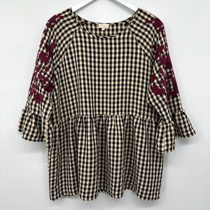 Layerz Tunic Top‎ Shirt Blouse Size Large Embroidered 3/4 Sleeves Black Womens